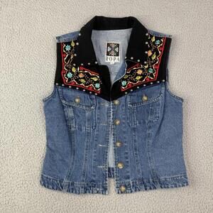 VTG Hairston Roberson ROPA Small Denim Vest Studded Embroidered Western Boho